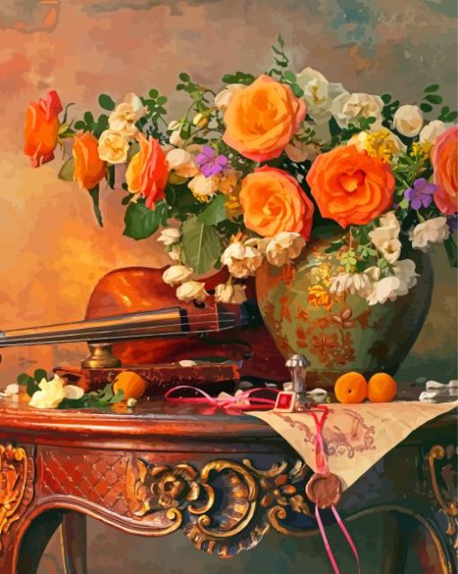 Still Life Roses And Violin Diamond Painting