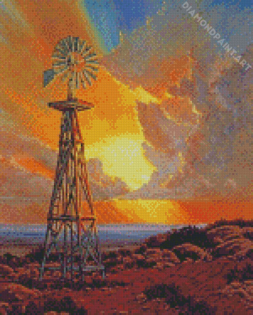 Western Windmill At Sunset Diamond Painting