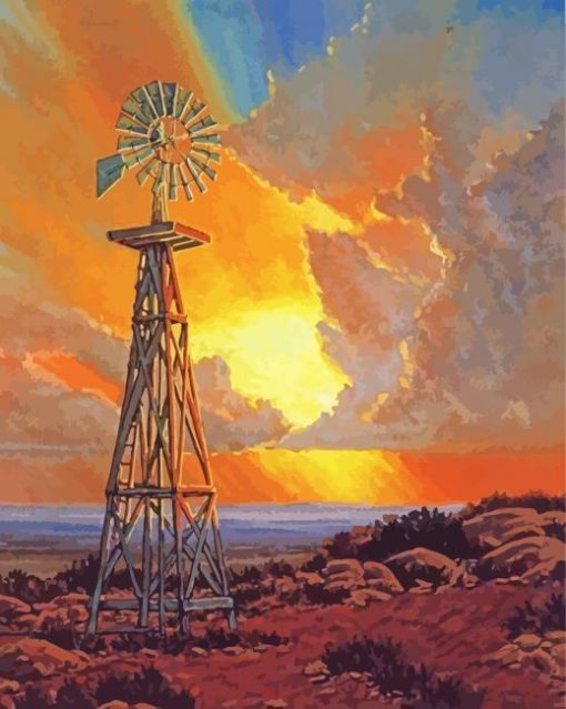 Western Windmill At Sunset Diamond Painting