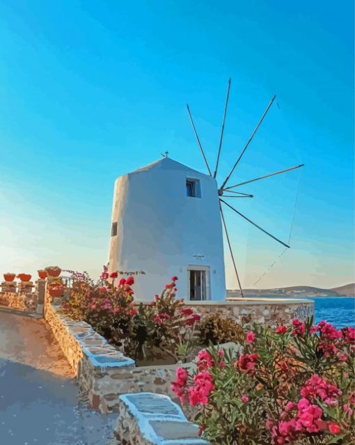 Windmill In Paros Greece Diamond Painting