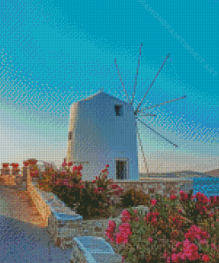 Windmill In Paros Greece Diamond Painting