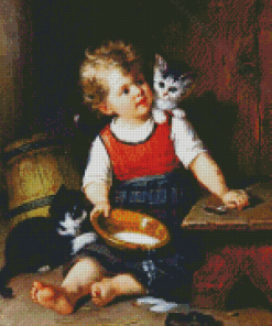 Child And Kittens Diamond Painting