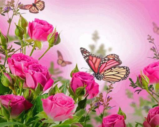 Pink Roses With Butterfly Diamond Painting