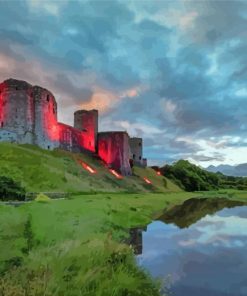 Kidwelly Castle With Red Lights Diamond Painting