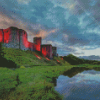 Kidwelly Castle With Red Lights Diamond Painting