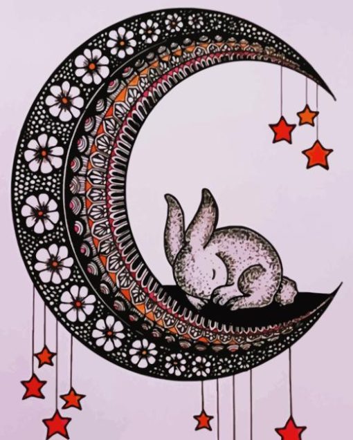 Mandala Rabbit On Crescent Moon Diamond Painting