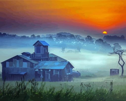 Farm Misty Sunrise Diamond Painting