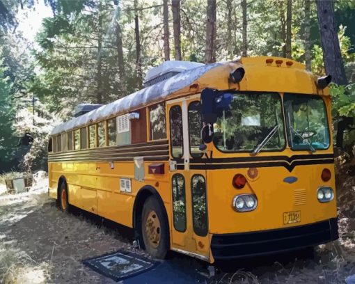 Vintage School Bus In Forest Diamond Painting